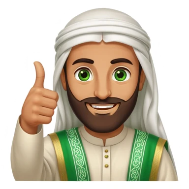 Tanned Arab Saudi man with green eyes and a beard, wearing traditional attire, smiling and giving a big thumbs-up sticker
