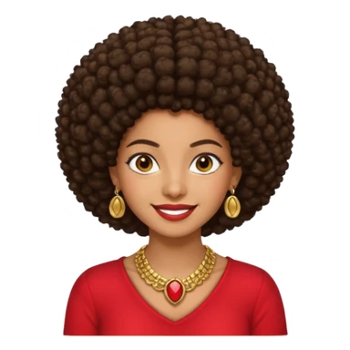 Brownskin girl dark brown hair afro brown eyes smiling red shirt gold esrrings gold necklace sticker