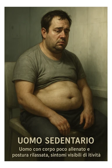 vertical realistic illustration of a sedentary man, poorly trained body, relaxed posture, visible signs of inactivity, clinical atmosphere, dramatic lighting, Italian captions, aspect ratio 2:3 sticker