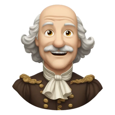 Short pudgy old man over enthusiastic happy excited face bald forehead long wavy gray and brown brunette long wavy hair moustache Shakespearean dress vintage clothes hamlet small arms sticker