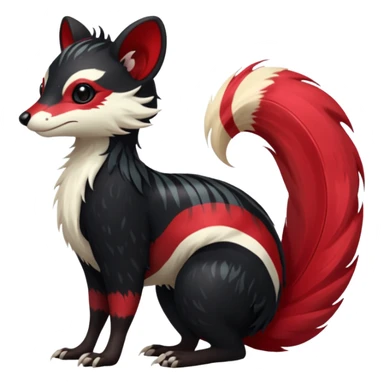 Feral Rare Fantasy shiny soft fuzzy furry vibrant tropical obsidian-black and crimson-red Vernid-Trico-species-creature by LiLaiRa, random markings, tufted tail, tufted ears, full body with markings with white skunk-tail-stripes sticker