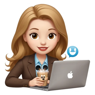 Women in front of one laptop that has a Mickey sticker on it, with a happy face, face a little fuller, lips plump, full eyebrows, long light brown hair, light brown big eyes, light pale skin with a iced coffee on the side, business attire, typing sticker
