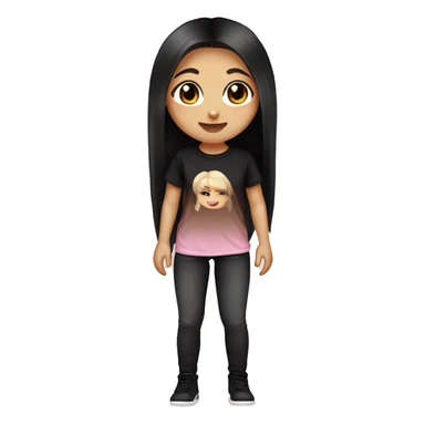 Slavic girl, light skin, long eye lashes, pink beige lips, brown eyes, long black-to-blonde ombre straight hair, black T-shirt, chibi, smiling. sticker