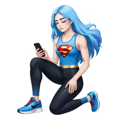 Shameful disappointed crying-very very very very big chest-texting on a samsung cell phone-very long straight flowing black to sky blue hair ombre-blue eyes-black eyeliner-long eyelashes-plastic sparkling sky blue very low cut tank top with sparkling superman logo-black leggings-nike sneakers sticker