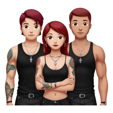 a pretty bratz fair girl with dark red straight hair, black cami top, silver dainty necklaces, rings, hoops, tattoos standing with two handsome lean but muscled guys sticker