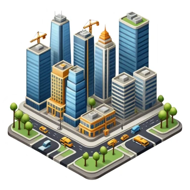 An icon showing a city-building game interface, inspired by Sim City. The design features a bustling city with roads, skyscrapers, and parks, with buildings being constructed and managed. The game’s interface, with stats and controls, is visible at the top. Transparent background. sticker