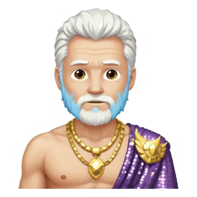Odin with white hair, white sequin loincloth, shirtless with necklace sticker
