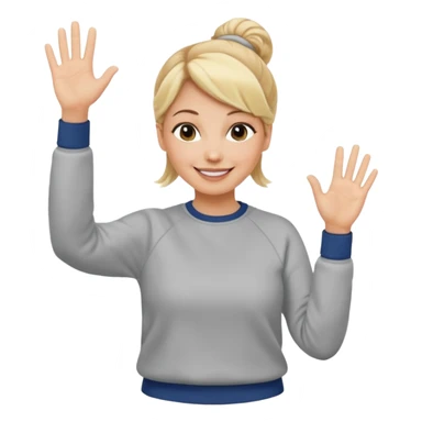 50 year old blonde woman with bun in casual clothes and sweat shirt waving sticker