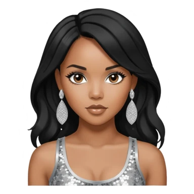LeToya Luckett with black long hair, silver sequin crop top, silver earring sticker