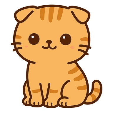 flat toon style kawaii orange scottish fold kitten sitting, dark round eyes, cute sticker