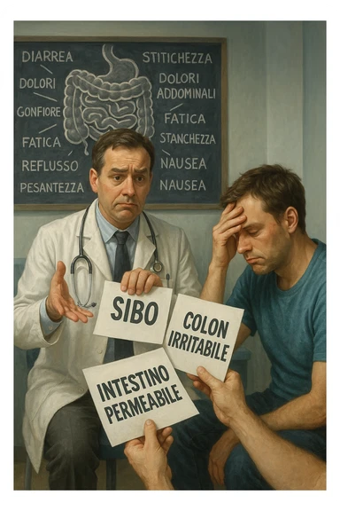 Scena clinica con un medico confuso in camice bianco davanti a un paziente seduto. Il medico ha tre fogli in mano, e li mostra uno alla volta con espressione incerta: il primo dice 'SIBO', il secondo 'Colon Irritabile', il terzo 'Intestino Permeabile'. Il paziente ha un’espressione confusa e scoraggiata, con una mano sulla fronte. Sullo sfondo una lavagna caotica con disegni di intestino e sintomi ovunque. Stile realistico con tocchi ironici, toni freddi da ambulatorio ma con un messaggio visivo forte di incertezza diagnostica. in italiano sticker