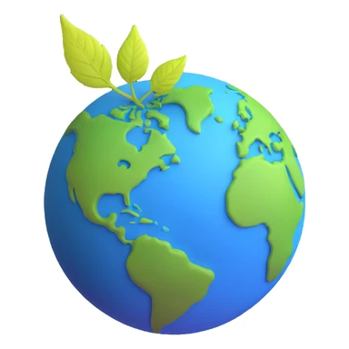 A single green leaf resting gently on top of a vibrant, round Earth globe. The focus is on the leaf and the globe with a simple background and soft natural lighting sticker