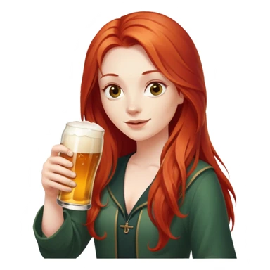 Character with flowing long red hair and a beer bottle sticker