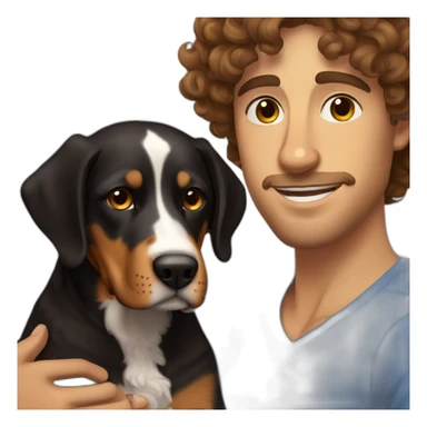 Russian guy with curly brown hair with dog Entlebucher zennenhund sticker
