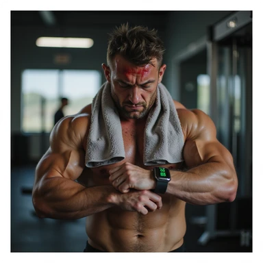 hyperrealistic 4K image of a muscular man in his 30s, breathing heavily, obsessively checking wrist heart rate monitor, face red and contorted with stress, sweat pouring, gym towel soaked, panic and fear in his eyes, gym setting sticker