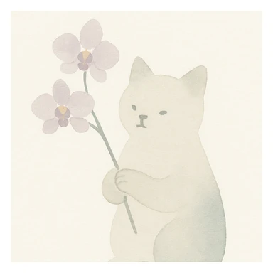 cat holding a spring orchid, watercolor art style sticker