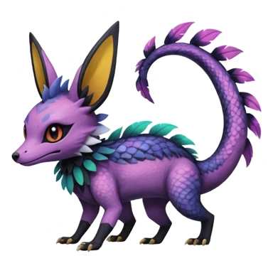 Rare epic aesthetic iridescent spooky gloomy colorful Salandit-Noibat-Eevee-Genet-species-Fakemon-hybrid-creature, with markings, full body sticker