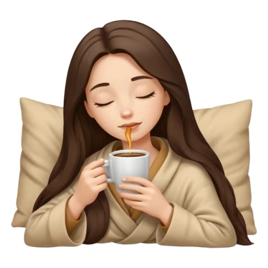 Brunette girl long hair inside a beige blanket sipping coffee eyes closed sticker