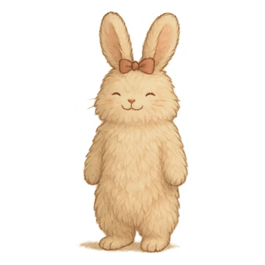 super soft extra fluffy bunny hair straightener with a tiny bow gentle happy face soft pink full-body emphasizing plush fur and gentle Ghibli textures sticker