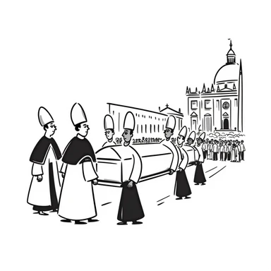 A respectful drawing of a papal funeral procession at Vatican City with cardinals, the papal coffin, and St. Peter's Square filled with mourners sticker