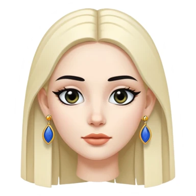 A white skinned girl with a three-dimensional face shape from Europe and America has long, straight black center part hair Upperhung eyeliner and two earrings sticker