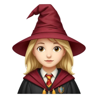A young woman wearing a classic witch’s hat, red tie, and wizarding robes. This outfit suggests she's a student from Gryffindor House (from the Harry Potter universe), as the red tie is a signature detail of that house's uniform. sticker