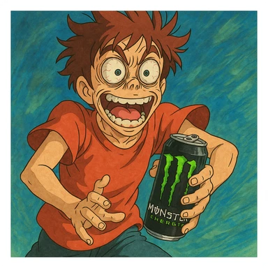 cartoon character strung out on Monster energy drink, wild eyes, jittery, holding a Monster can, ghibli style sticker