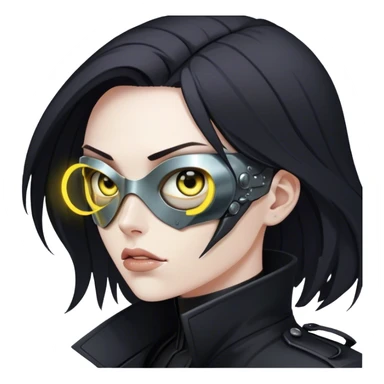 A dystopian bounty hunter, black trench coat, cybernetic eye glowing sticker