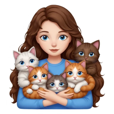 girl with long wavy brown hair, blue eyes, long lashes makeup, cuddling with 6 cats sticker