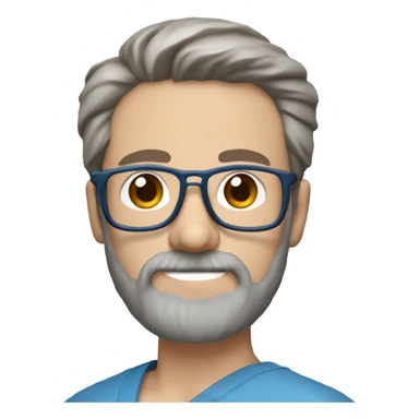 male dark blond haired doctor with grey van dyke beard with hazel eyes and small wire-rimmed glasses in blue scrubs holding a paintbrush and saw sticker