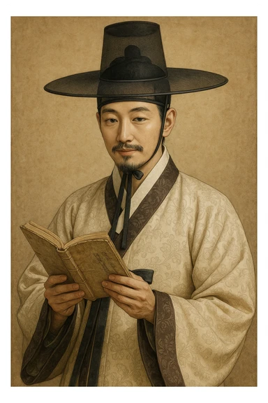 Korean Joseon Dynasty scholar wearing a gat hat, holding a book, intellectual and gentle expression, traditional hanbok sticker