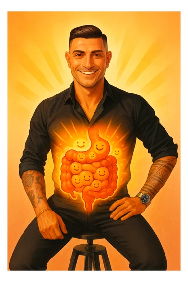 Verticale: uomo con energia positiva che si irradia dall’addome, intestino stilizzato con batteri buoni sorridenti e nessun parassita, atmosfera di salute e vitalità. sticker