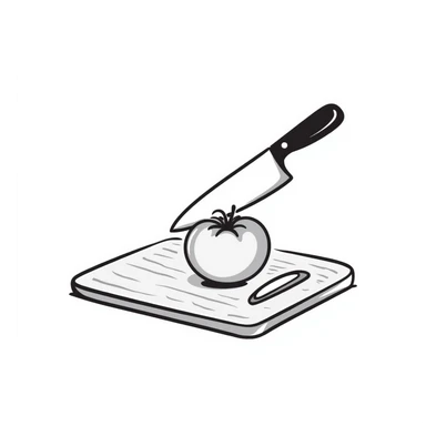 hand-drawn kitchen knife cutting a fresh tomato on cutting board sticker