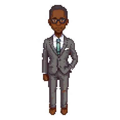 A dark-skinned man in a suit with glasses, full-length sticker