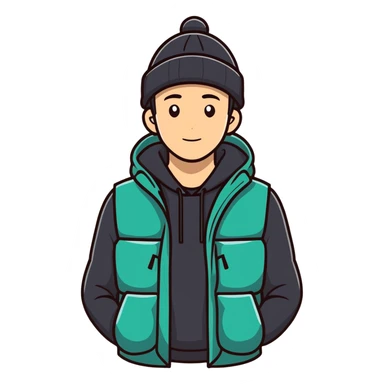 A guy in a hat, black hoodie, and a puffer vest sticker