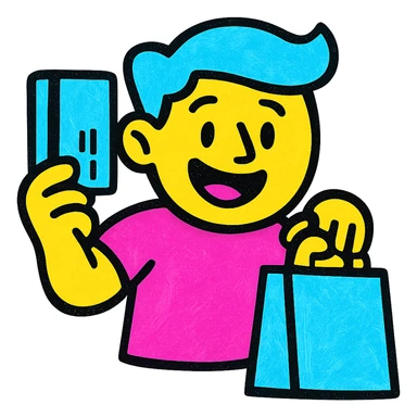 a cheerful guy with a credit card and a shopping bag, vibrant colors sticker