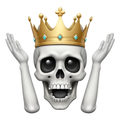A shocked skull with a crown on top, both hands raised pressing on its head in disbelief, black and white sticker