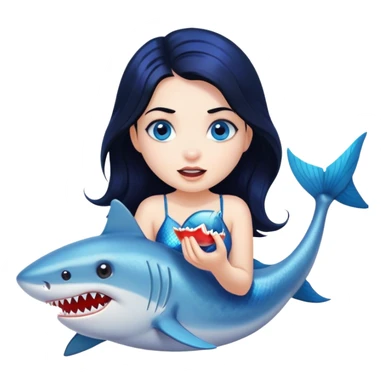 A blue -eyed mermaid with black hair that is eating a shark sticker