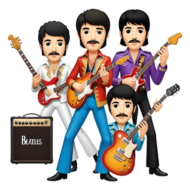 Rock music icon: dynamic collage of global rock legends like The Beatles, Jimi Hendrix, Elvis Presley, Freddy Mercury and Curt Cobane, surrounded by guitars, amplifiers, and stage lights. Symbolizing the energy and power of rock music. Transparent background. sticker
