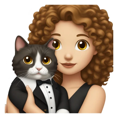 A white girl with brown curly hair holding her tuxedo cat sticker