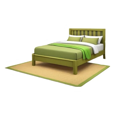 Olive green walls, wooden bed with green bedding, various plants, wooden closet sticker