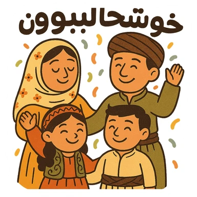 Add the Kurdish phrase 'خۆشحاڵبوون' in a joyful, bold font integrated into the sticker design. Keep the cartoon Kurdish family with confetti. Maintain transparent background. sticker