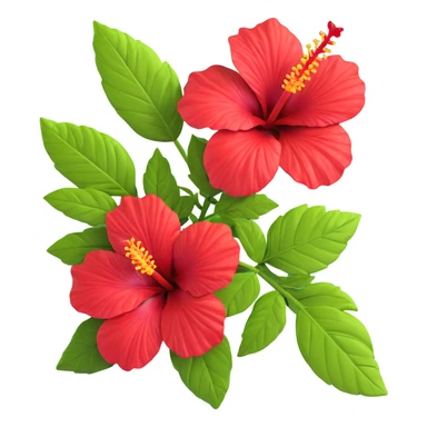 Detailed red hibiscus flower with green leaves and distinctive long stamen sticker