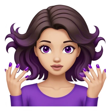 Brunette girl, flipping hair with purple painted nails ￼ sticker