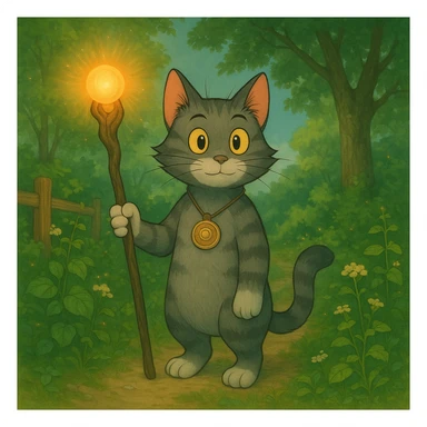 Add a magical item, such as a glowing staff or enchanted amulet, to Tom in Ghibli style, surrounded by nature and lush greenery. sticker