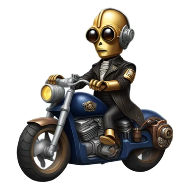 C-3PO wearing a pair of navy-blue rimmed sunglasses, hat, leather chaps, fringe jacket riding a steampunk motorcycle on ice  sticker