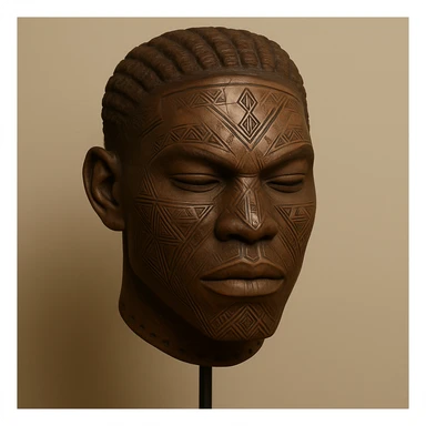 Edit this Mwana Pwo mask to represent a male Cokwe mask with stylized masculine features, geometric tribal designs, and the appearance of a cultural artifact. Keep the background simple and minimal to focus on the mask's details. sticker
