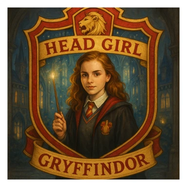 A Gryffindor head girl badge, with a girl in a Hogwarts uniform holding a wand, surrounded by a red and gold border, and a lion symbol, in a magical school setting. sticker
