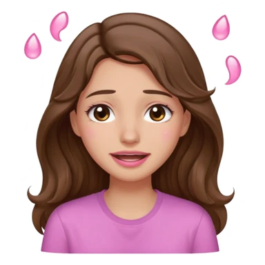 girl with wavy long brown hair, brown eyes, light to medium complexion, long lashes, light pink lipstick, wearing light pink shirt, smiling, crying with big pink tears coming down the face sticker