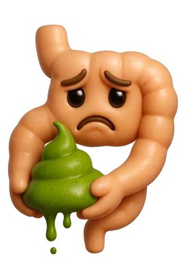 emoji stile iphone 3d di un intestino con espressione triste con cacca verde e liquida in mano , iperrealistiche 4k sticker